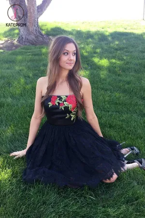 Kateprom Black Strapless Lace Homecoming Dress with Appliques, Short A Line Prom Dress KPH0369