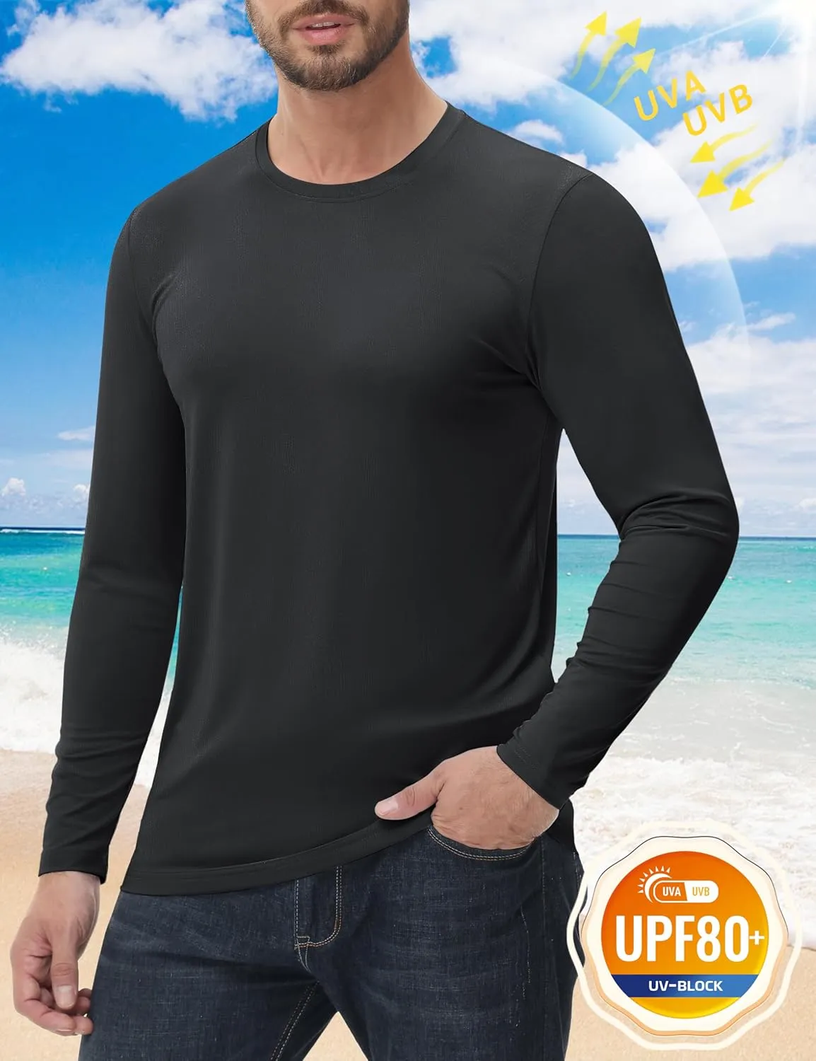 KEFITEVD Men's UPF 80  Sun Shirts Long Sleeve UV SPF Shirts Quick Dry Lightweight Rash Guard Polyester Swim T-Shirt
