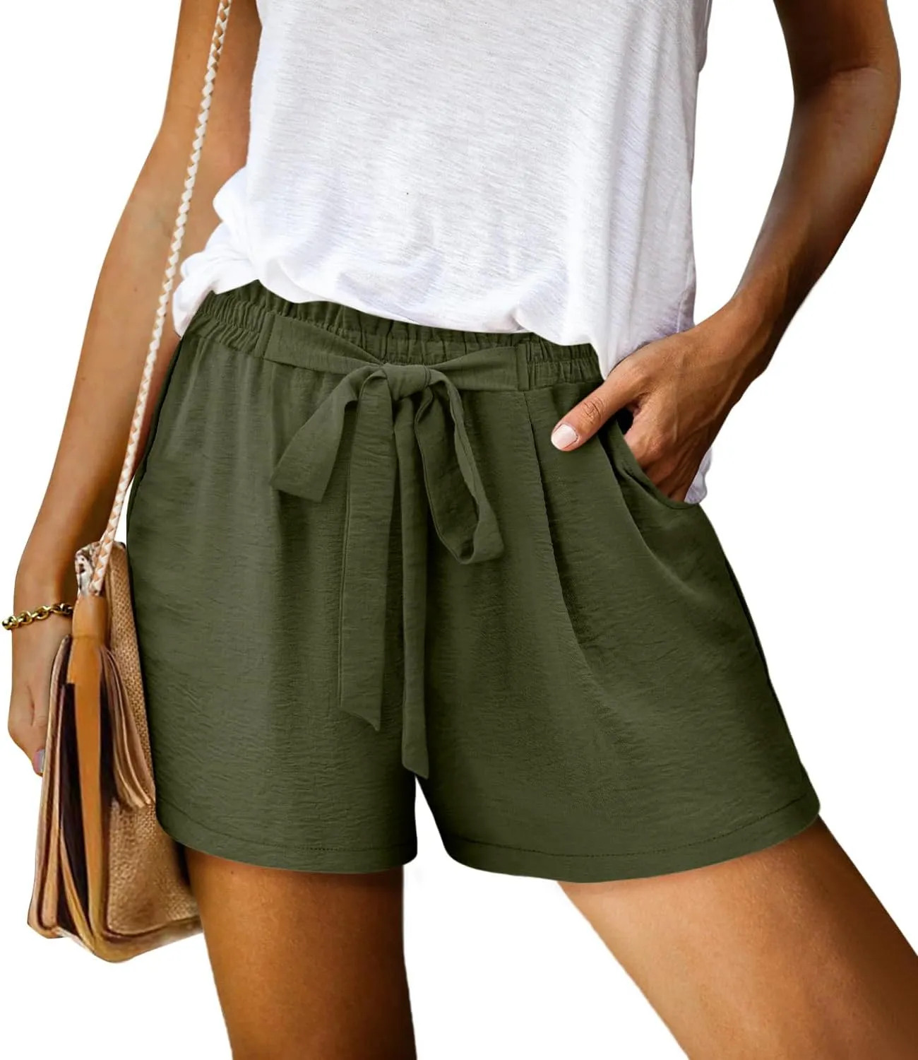 KISSMODA Womens Summer Shorts with Pockets Lightweight High Waisted Adjustable Tie Knot Loose Casual Short