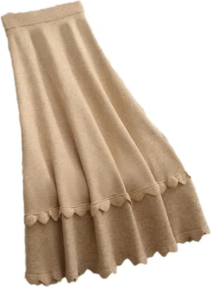 Knitted Ruffle Skirt Autumn Winter Long A-Line Skirt Women Black Elastic High Waist Wool Warm Midi Pleated Skirt