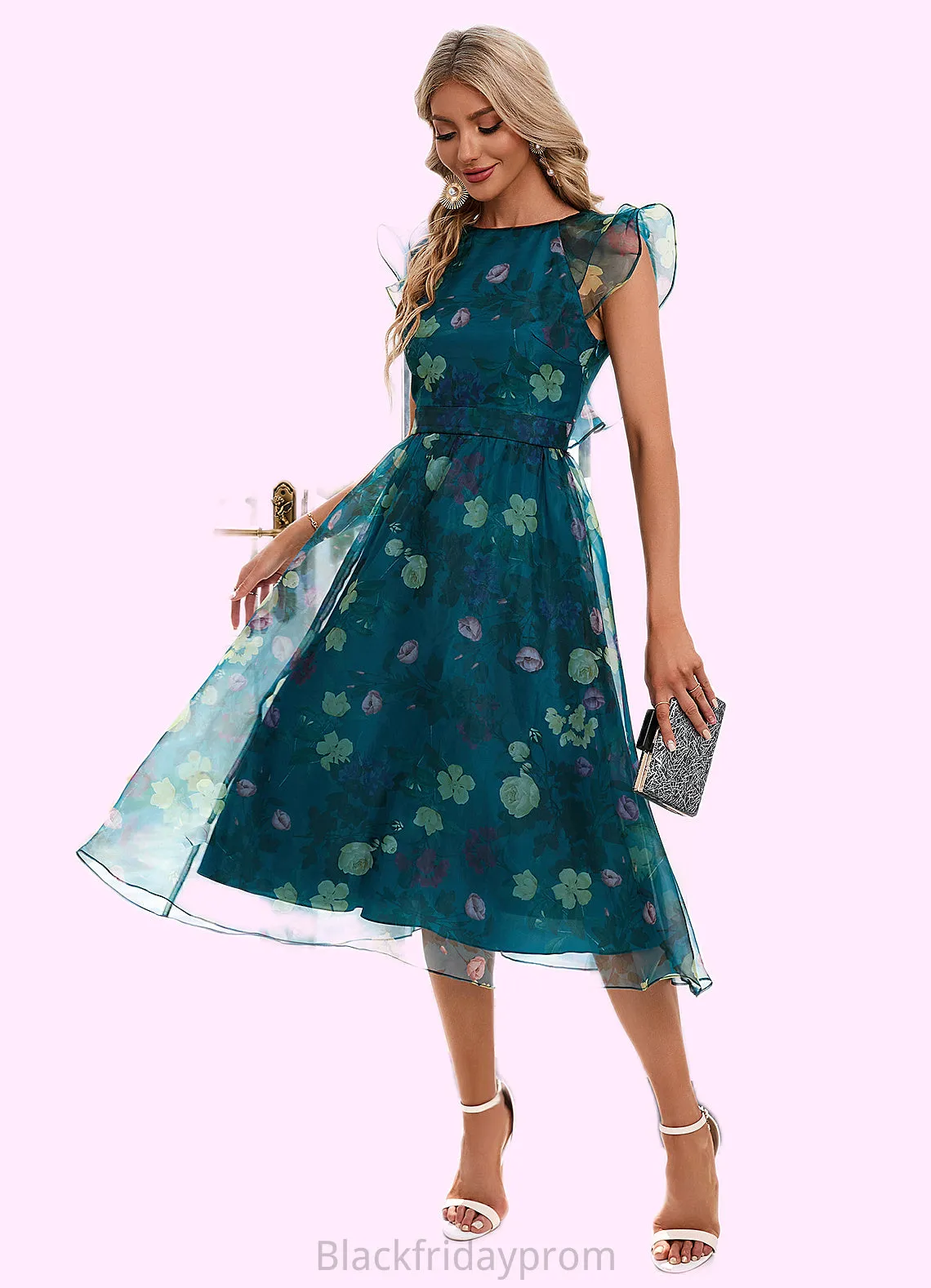 Lea Floral Print Scoop Elegant A-line Organza Midi Dresses BF2P0022318