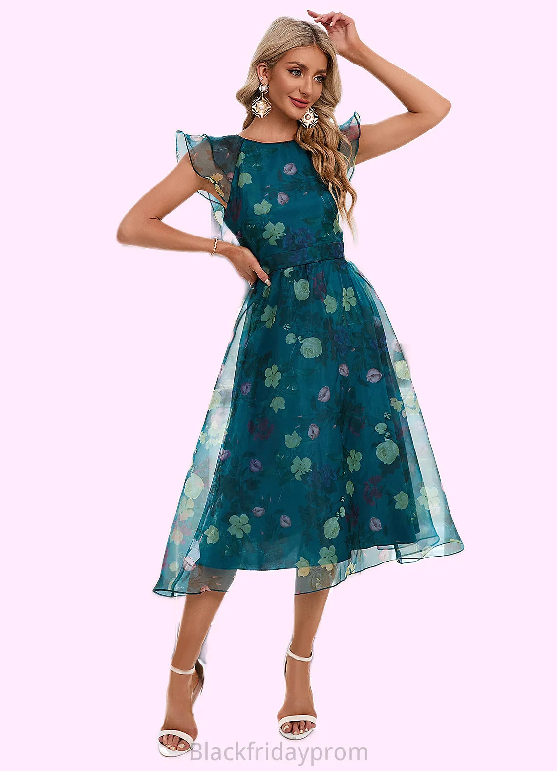 Lea Floral Print Scoop Elegant A-line Organza Midi Dresses BF2P0022318