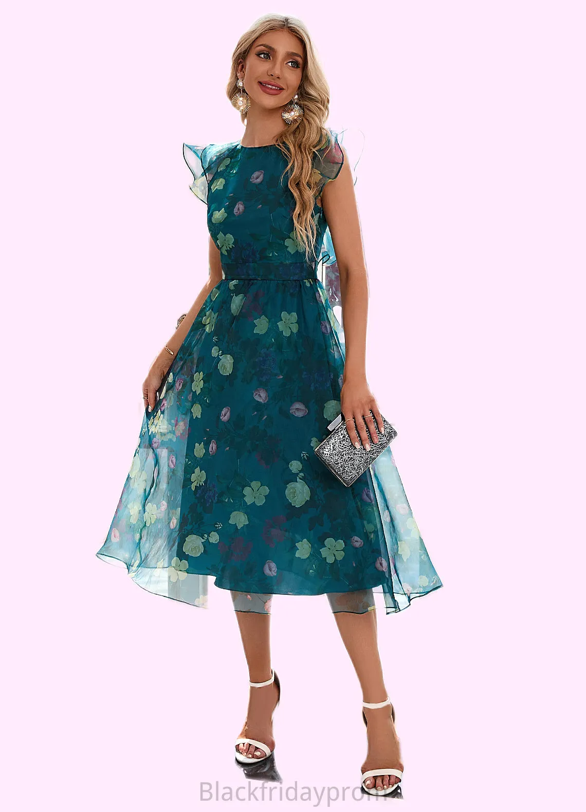 Lea Floral Print Scoop Elegant A-line Organza Midi Dresses BF2P0022318