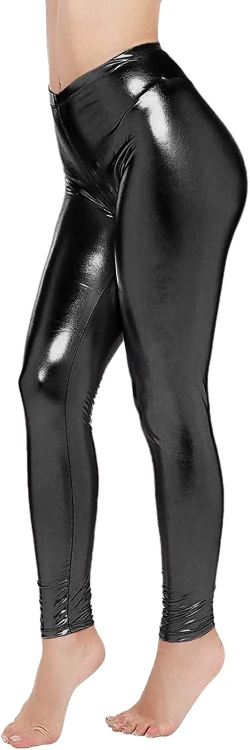 Leggings for Women Sexy Shiny Faux Leather Wet Look Metallic High Waist Pants Trousers Clubwear Pure Color Stretch