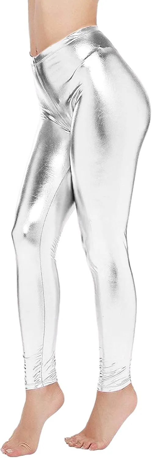 Leggings for Women Sexy Shiny Faux Leather Wet Look Metallic High Waist Pants Trousers Clubwear Pure Color Stretch