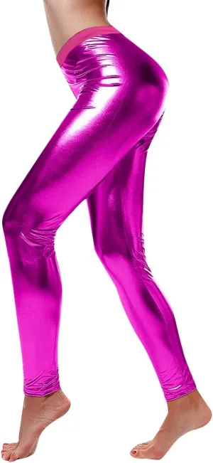 Leggings for Women Sexy Shiny Faux Leather Wet Look Metallic High Waist Pants Trousers Clubwear Pure Color Stretch