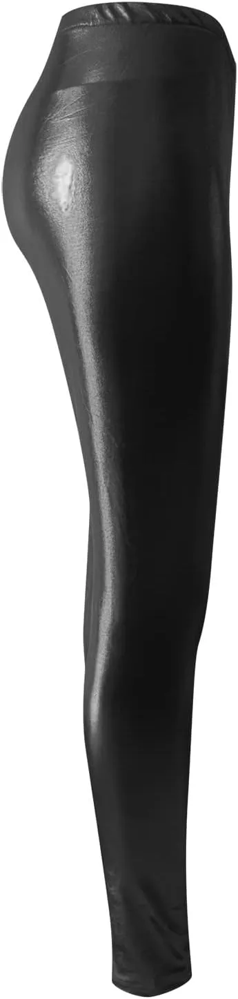 Leggings for Women Sexy Shiny Faux Leather Wet Look Metallic High Waist Pants Trousers Clubwear Pure Color Stretch