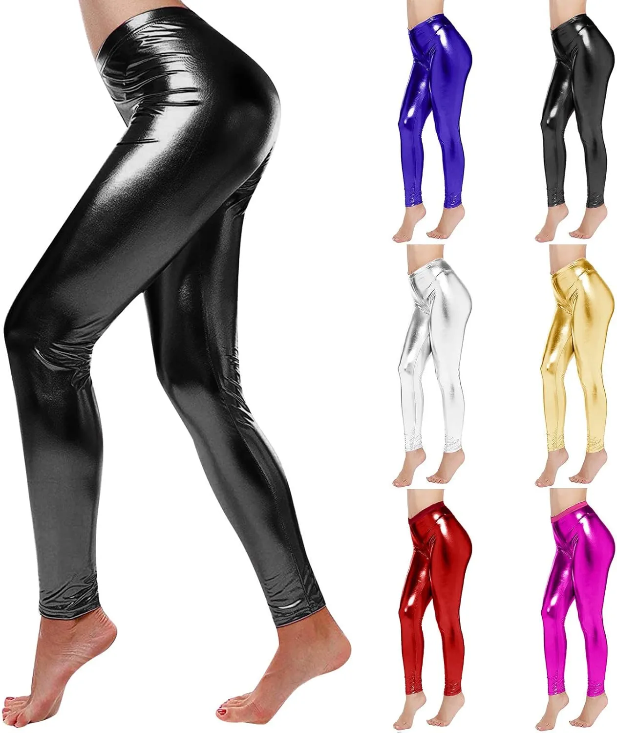 Leggings for Women Sexy Shiny Faux Leather Wet Look Metallic High Waist Pants Trousers Clubwear Pure Color Stretch
