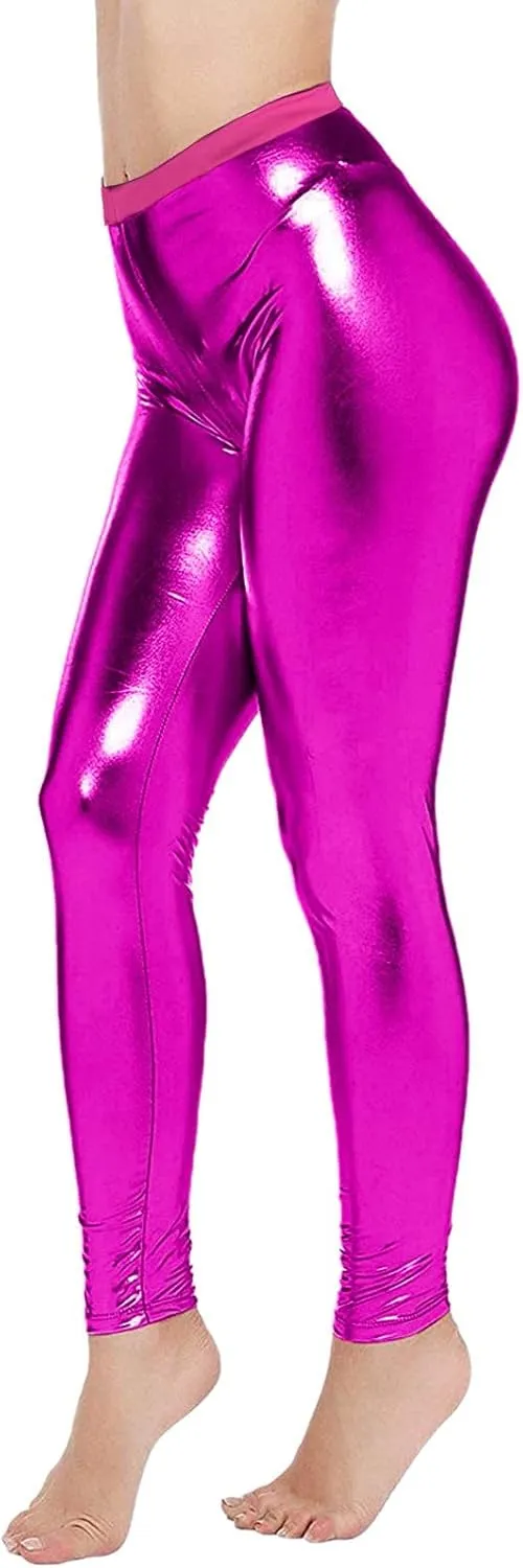 Leggings for Women Sexy Shiny Faux Leather Wet Look Metallic High Waist Pants Trousers Clubwear Pure Color Stretch