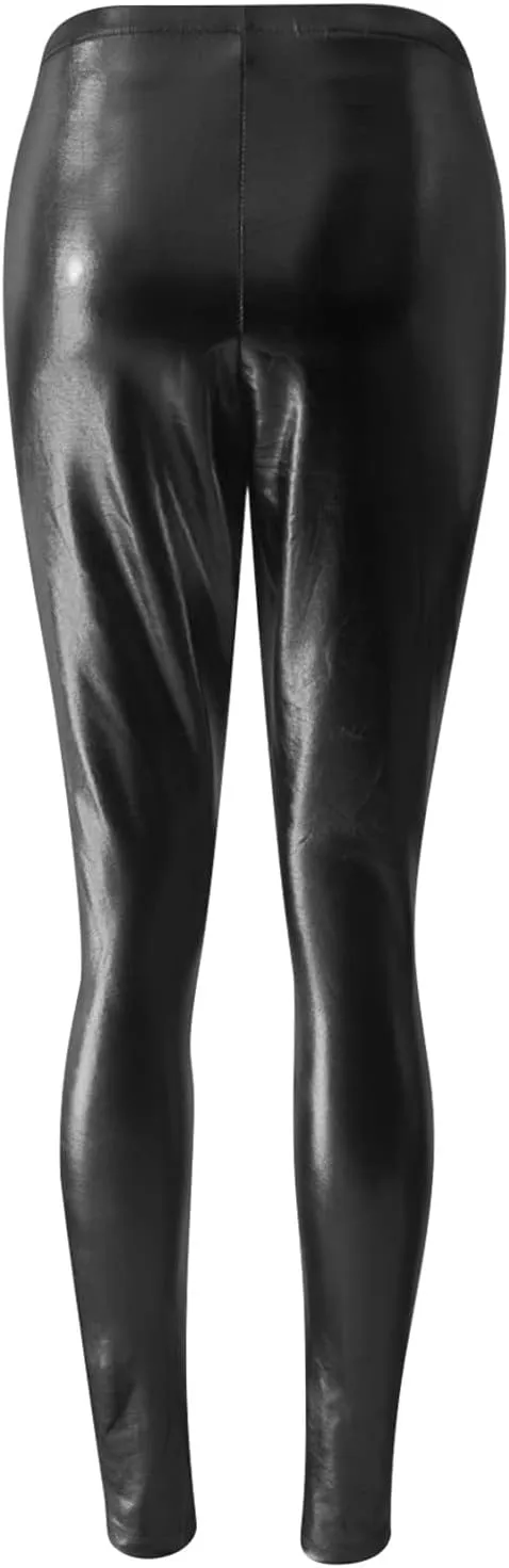 Leggings for Women Sexy Shiny Faux Leather Wet Look Metallic High Waist Pants Trousers Clubwear Pure Color Stretch