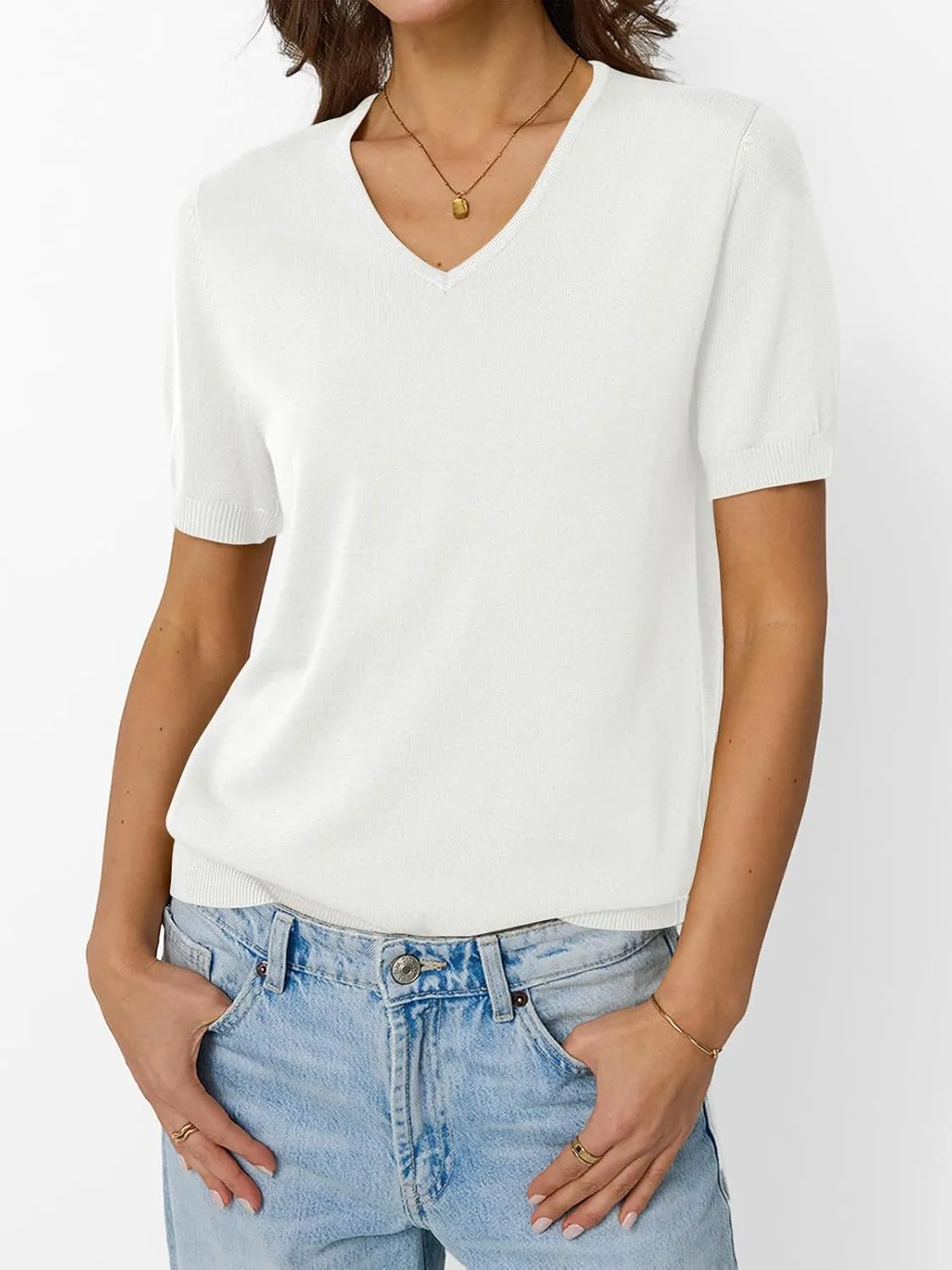 LILLUSORY Womens Short Sleeve Sweaters V Neck Tops Business Casual Lightweight Knit Comfy Blouses Summer Fashion Outfits 2025