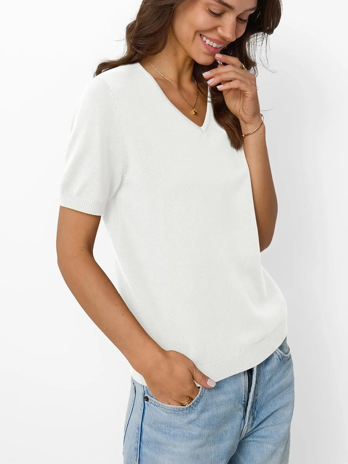 LILLUSORY Womens Short Sleeve Sweaters V Neck Tops Business Casual Lightweight Knit Comfy Blouses Summer Fashion Outfits 2025