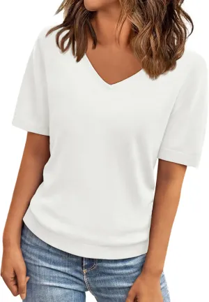 LILLUSORY Womens Short Sleeve Sweaters V Neck Tops Business Casual Lightweight Knit Comfy Blouses Summer Fashion Outfits 2025