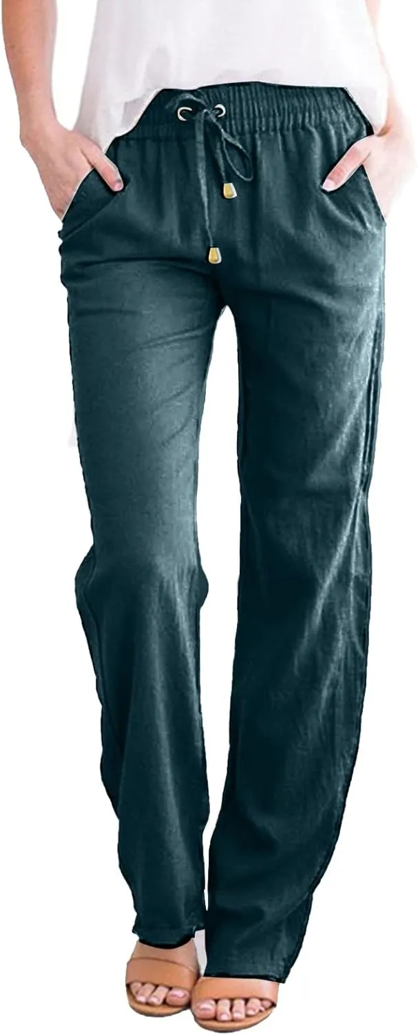 Linen Pants Women Summer 2025 Lightweight Casual High Waisted Pant Drawstring Loose Fit Trousers with Pockets