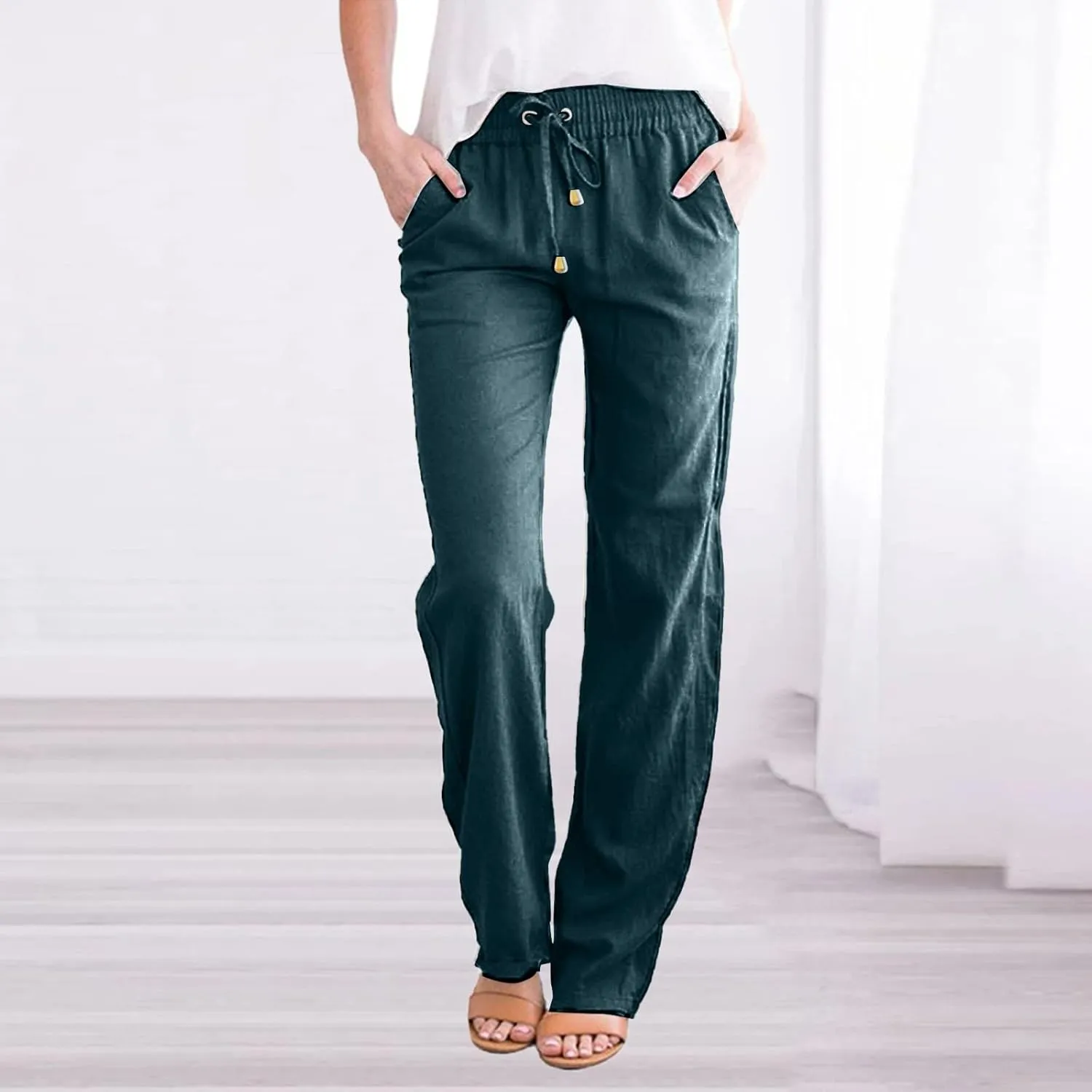 Linen Pants Women Summer 2025 Lightweight Casual High Waisted Pant Drawstring Loose Fit Trousers with Pockets