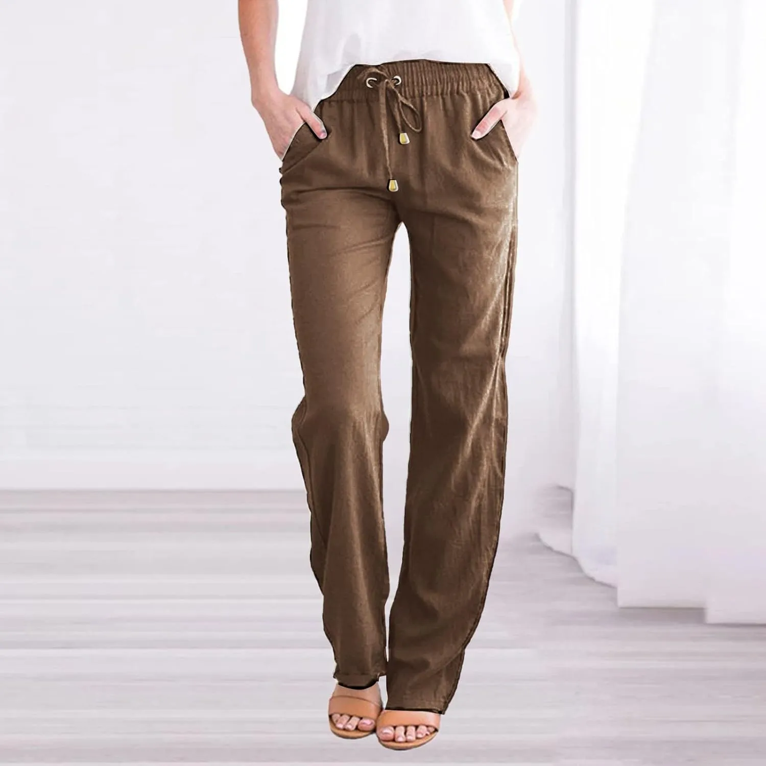 Linen Pants Women Summer 2025 Lightweight Casual High Waisted Pant Drawstring Loose Fit Trousers with Pockets