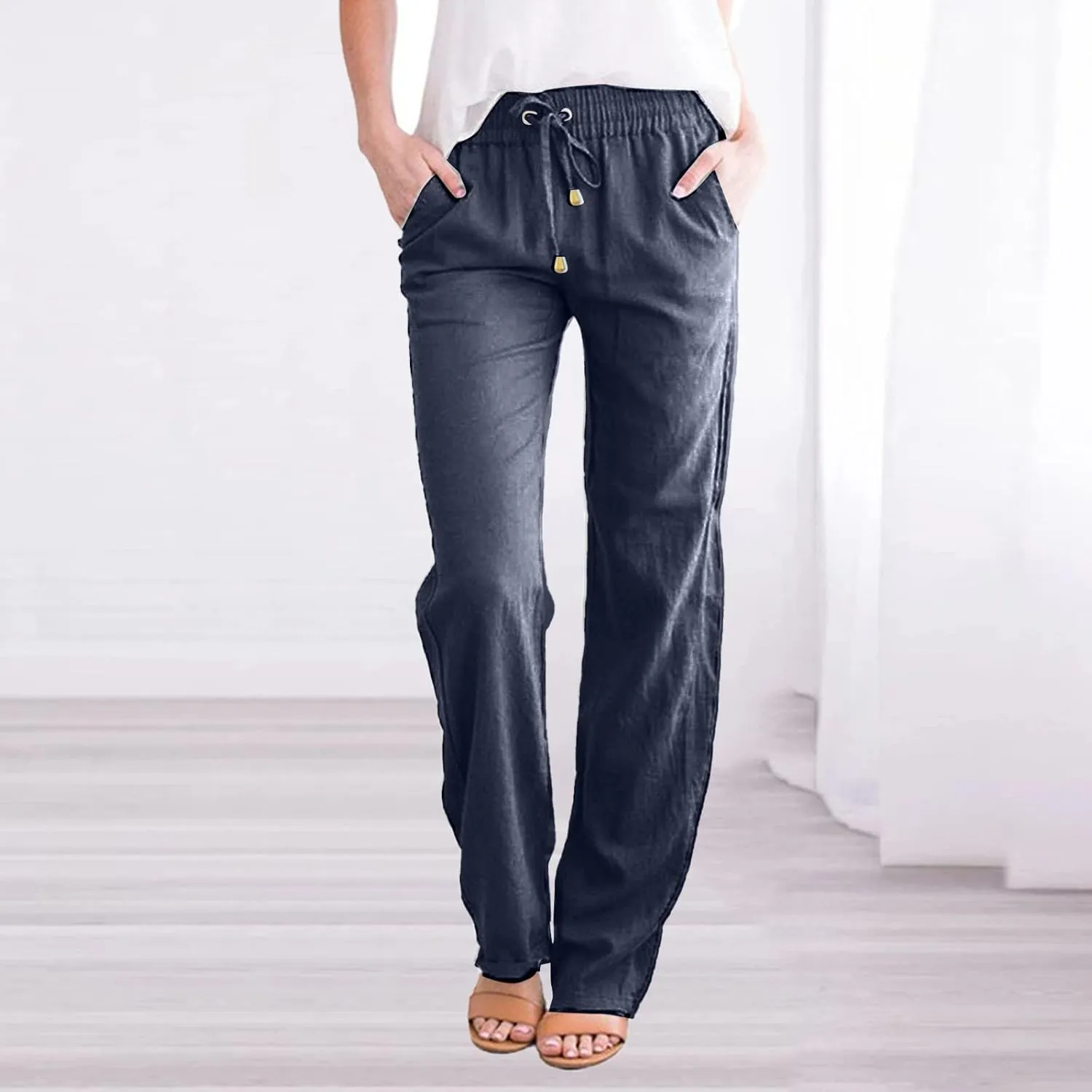 Linen Pants Women Summer 2025 Lightweight Casual High Waisted Pant Drawstring Loose Fit Trousers with Pockets
