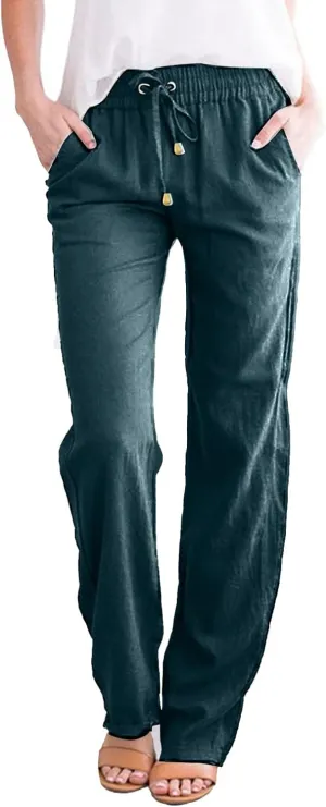 Linen Pants Women Summer 2025 Lightweight Casual High Waisted Pant Drawstring Loose Fit Trousers with Pockets