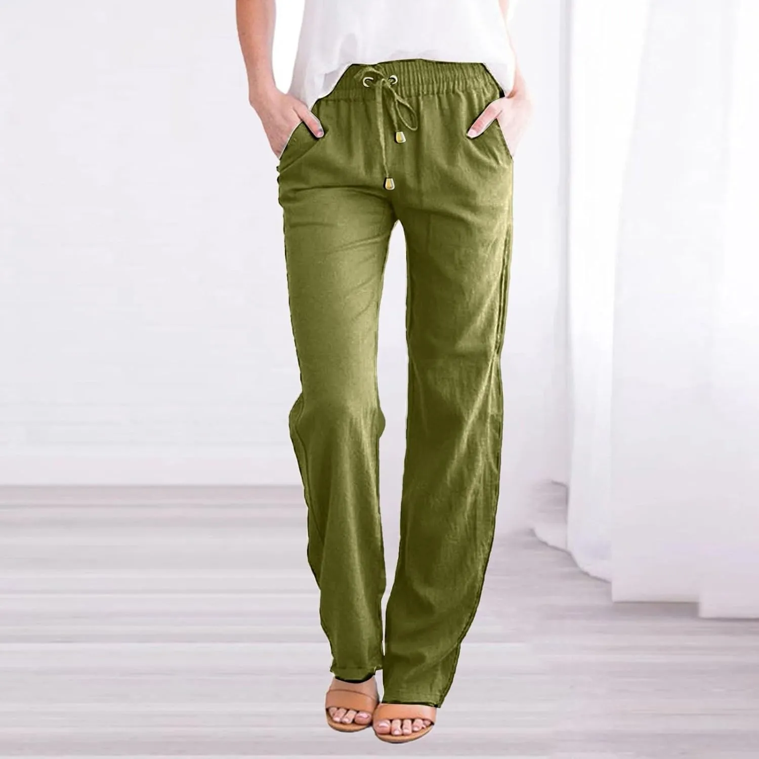 Linen Pants Women Summer 2025 Lightweight Casual High Waisted Pant Drawstring Loose Fit Trousers with Pockets