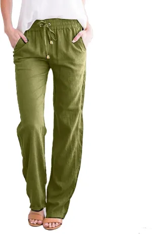 Linen Pants Women Summer 2025 Lightweight Casual High Waisted Pant Drawstring Loose Fit Trousers with Pockets