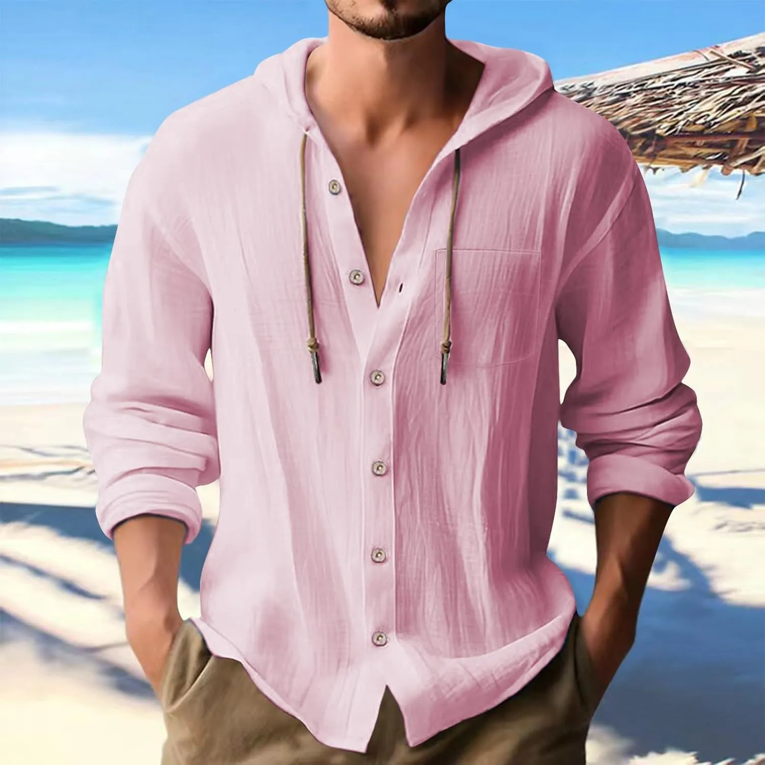 Linen Shirts for Men Long Sleeve Button Down Casual Hawaiian Shirt with Hood Lightweight Spring Summer Beach Hoodie