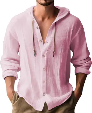 Linen Shirts for Men Long Sleeve Button Down Casual Hawaiian Shirt with Hood Lightweight Spring Summer Beach Hoodie
