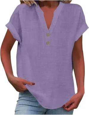 Linen Shirts for Women V Neck Cap Sleeve Summer Tops 2025 Women Casual Button Down Shirts Solid Business Work Blouses
