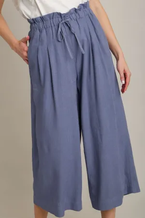 Linen Wide Fit Pants with Drawstring in Dusty Blue