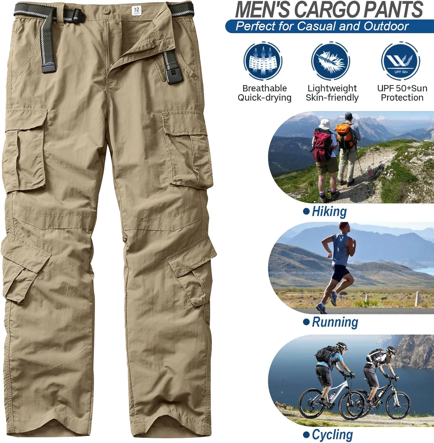 linlon Men's Outdoor Casual Quick Drying Lightweight Hiking Cargo Pants with 8 Pockets