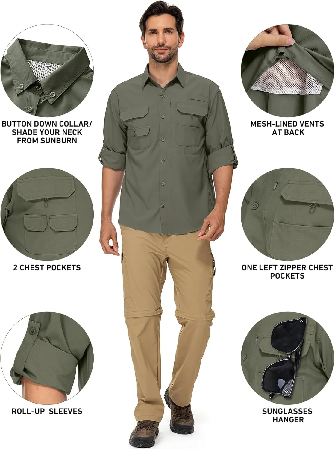 linlon Mens Safari Shirts Long Sleeve UV Protection Hiking Fishing UPF 50  Quick Dry Cooling Camping Travel Shirts