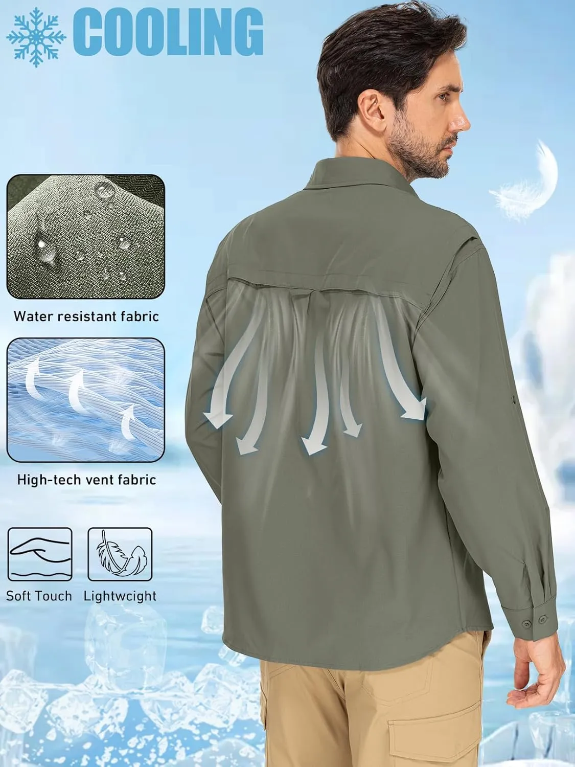linlon Mens Safari Shirts Long Sleeve UV Protection Hiking Fishing UPF 50  Quick Dry Cooling Camping Travel Shirts