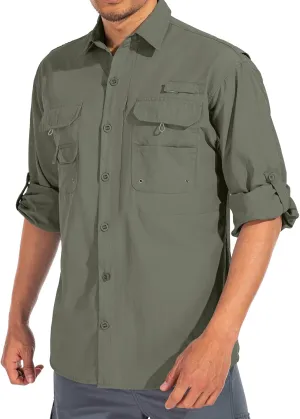 linlon Mens Safari Shirts Long Sleeve UV Protection Hiking Fishing UPF 50  Quick Dry Cooling Camping Travel Shirts
