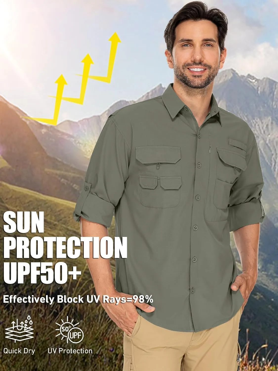 linlon Mens Safari Shirts Long Sleeve UV Protection Hiking Fishing UPF 50  Quick Dry Cooling Camping Travel Shirts