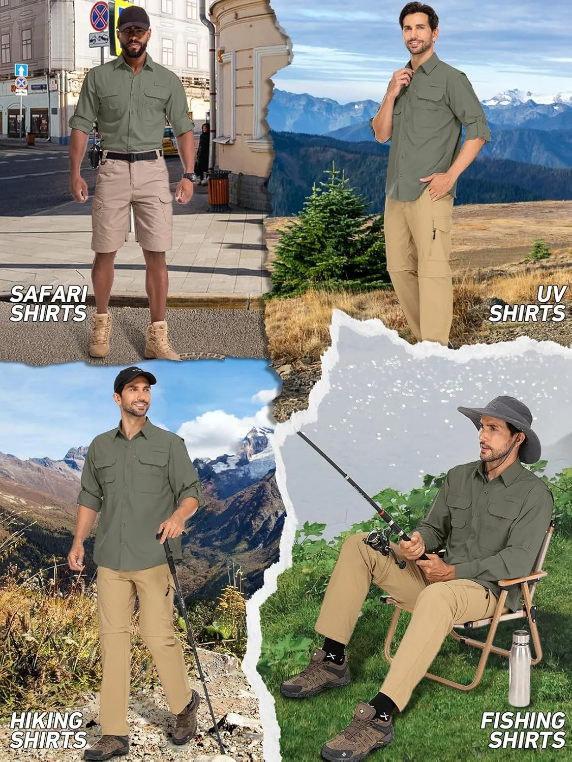 linlon Mens Safari Shirts Long Sleeve UV Protection Hiking Fishing UPF 50  Quick Dry Cooling Camping Travel Shirts