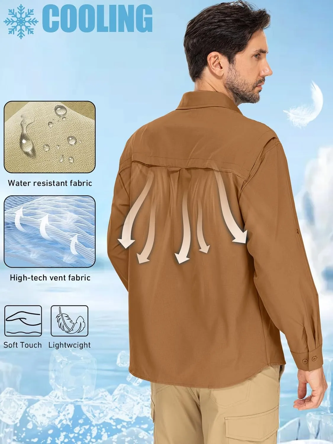 linlon Mens Safari Shirts Long Sleeve UV Protection Hiking Fishing UPF 50  Quick Dry Cooling Camping Travel Shirts