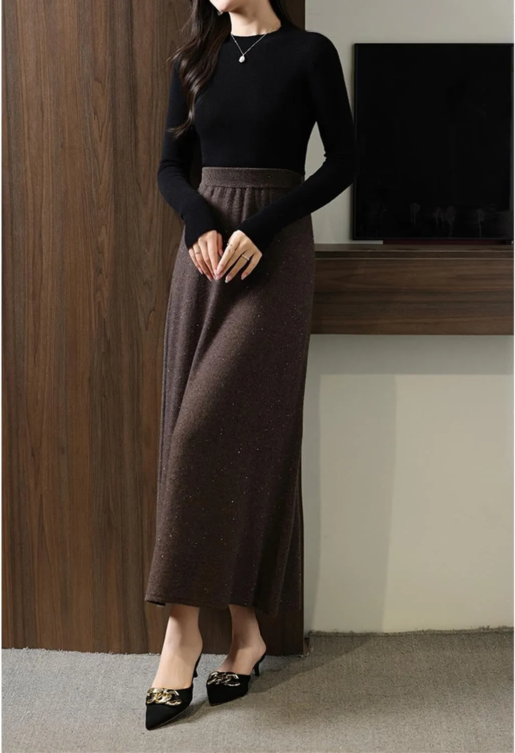 Long Skirt Women's 100% Merino Wool Knitted Skirt Winter Warm Ribbed Elastic Waist Sequin Skirts