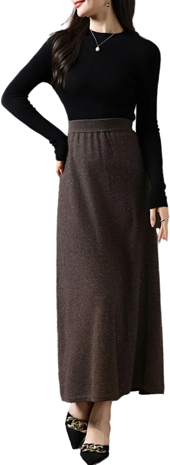 Long Skirt Women's 100% Merino Wool Knitted Skirt Winter Warm Ribbed Elastic Waist Sequin Skirts