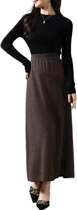 Long Skirt Women's 100% Merino Wool Knitted Skirt Winter Warm Ribbed Elastic Waist Sequin Skirts