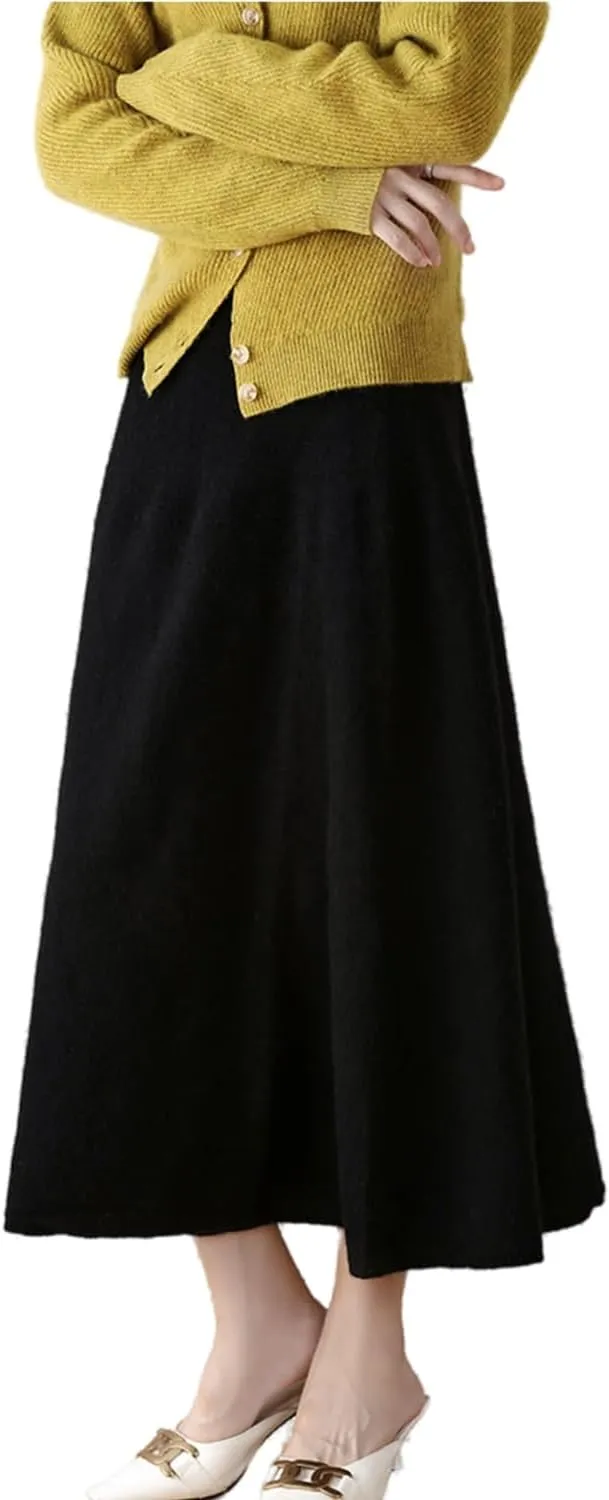 Long Skirt Women's Fall Winter 100% Merino Wool Knitted Skirt Ribbed Elastic Solid Warm Sweater Skirts