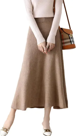 Long Skirt Women's Fall Winter 100% Merino Wool Knitted Skirt Ribbed Elastic Solid Warm Sweater Skirts