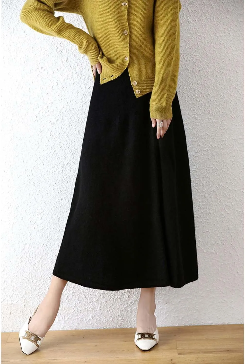 Long Skirt Women's Fall Winter 100% Merino Wool Knitted Skirt Ribbed Elastic Solid Warm Sweater Skirts