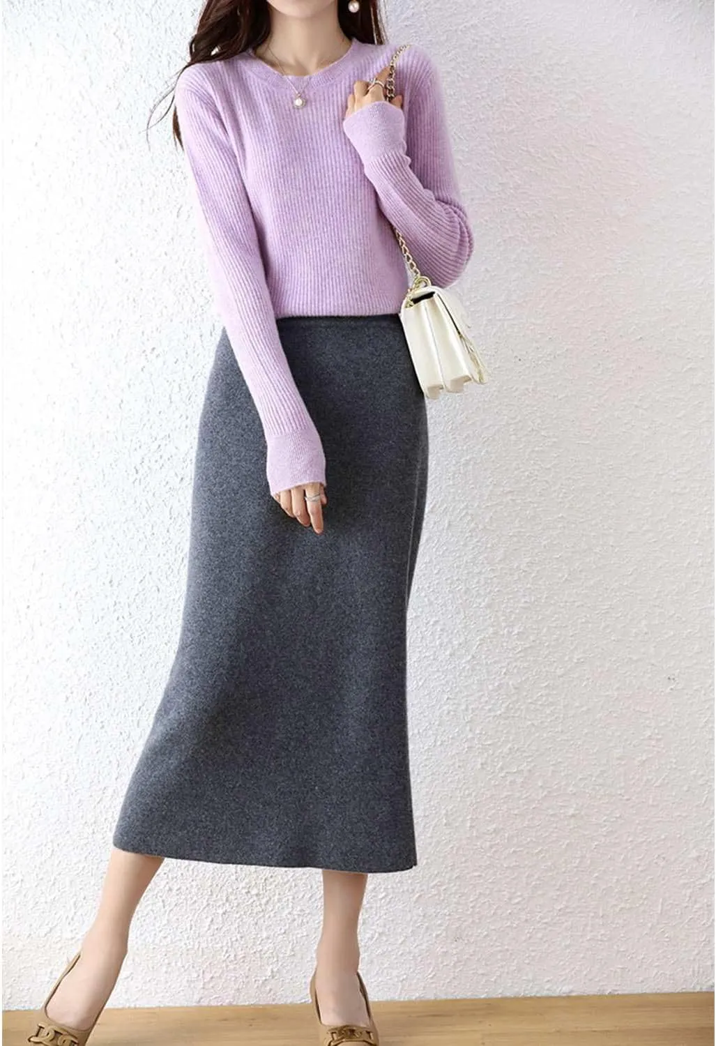 Long Skirt Women's Fall Winter 100% Merino Wool Knitted Skirt Ribbed Elastic Warm Sweater Skirts