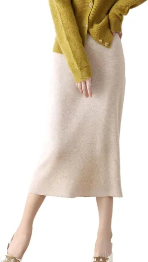 Long Skirt Women's Fall Winter 100% Merino Wool Knitted Skirt Ribbed Elastic Warm Sweater Skirts