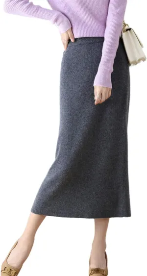Long Skirt Women's Fall Winter 100% Merino Wool Knitted Skirt Ribbed Elastic Warm Sweater Skirts