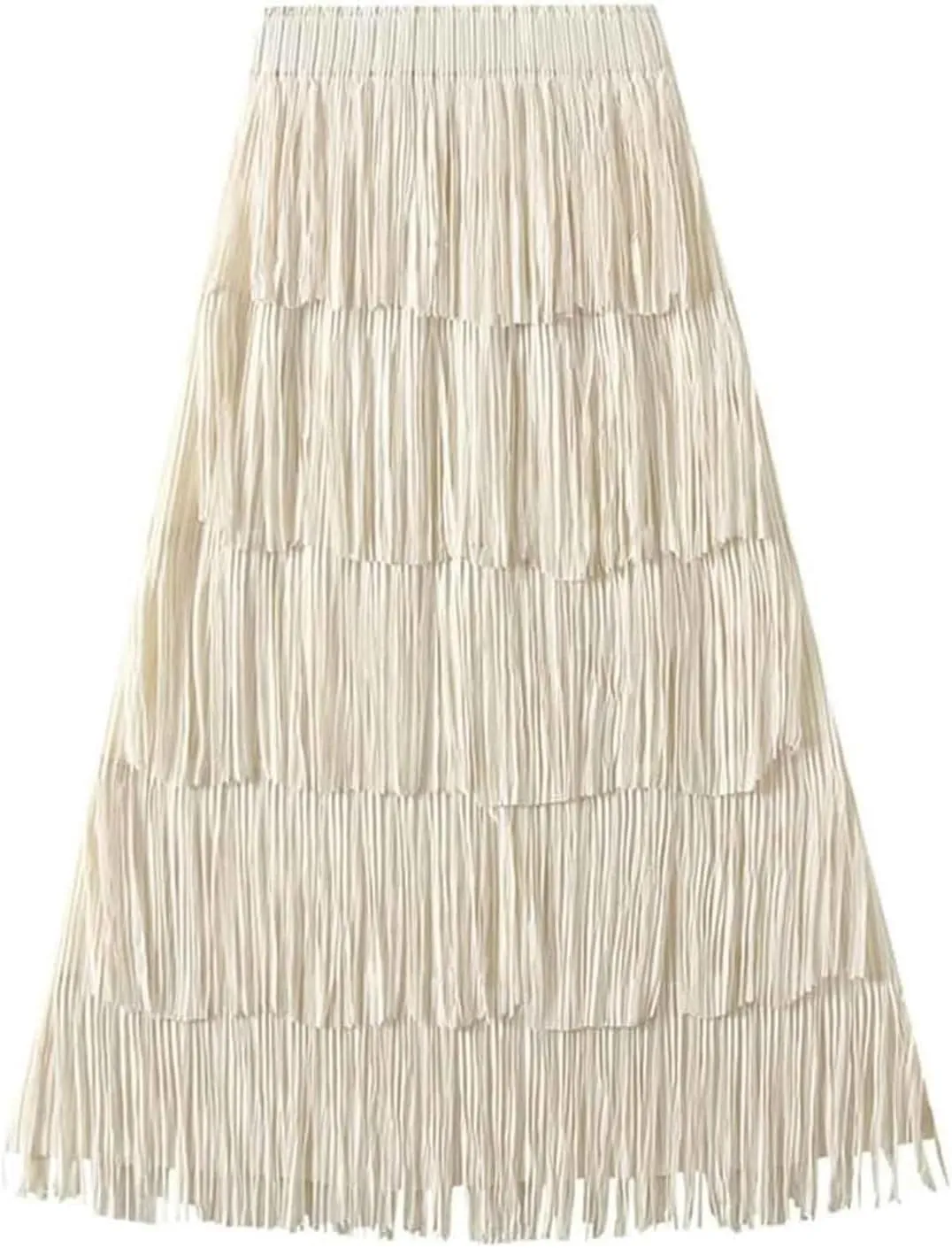 Long Tassel Skirt Polyester Fringe Pleated Skirts for Women High Waisted Ruffle Skirt Trendy Fringe Layered Midi Skirts