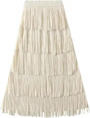 Long Tassel Skirt Polyester Fringe Pleated Skirts for Women High Waisted Ruffle Skirt Trendy Fringe Layered Midi Skirts