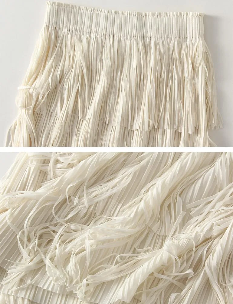 Long Tassel Skirt Polyester Fringe Pleated Skirts for Women High Waisted Ruffle Skirt Trendy Fringe Layered Midi Skirts