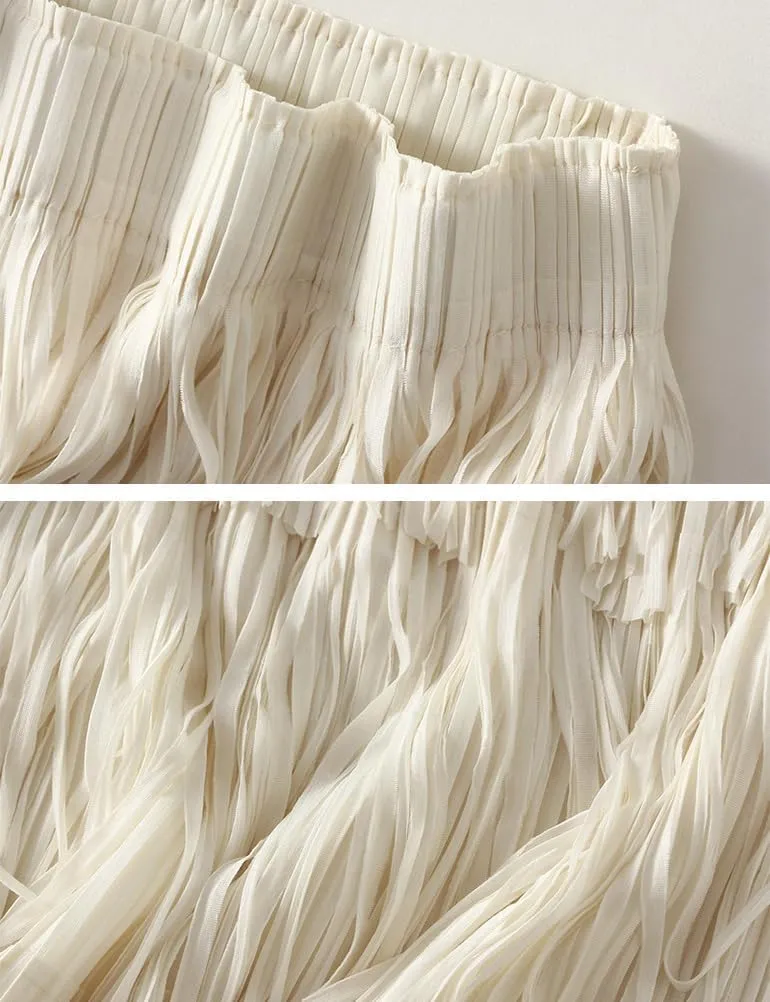 Long Tassel Skirt Polyester Fringe Pleated Skirts for Women High Waisted Ruffle Skirt Trendy Fringe Layered Midi Skirts