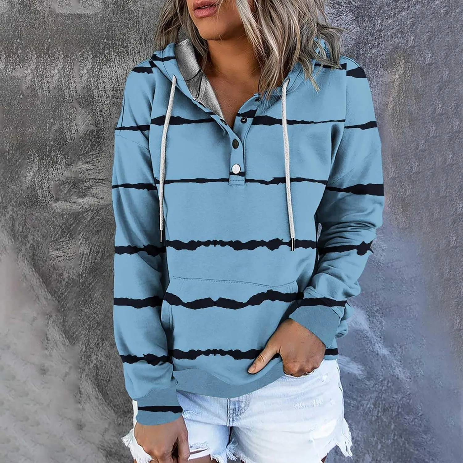 LRMQS Womens Hoodies Pullover Trendy Button Drawstring Hooded Striped Sweatshirt Loose Fit Fall Fashion 2024 Casual Pullover