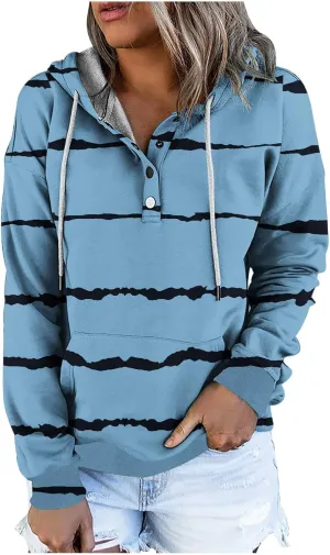 LRMQS Womens Hoodies Pullover Trendy Button Drawstring Hooded Striped Sweatshirt Loose Fit Fall Fashion 2024 Casual Pullover